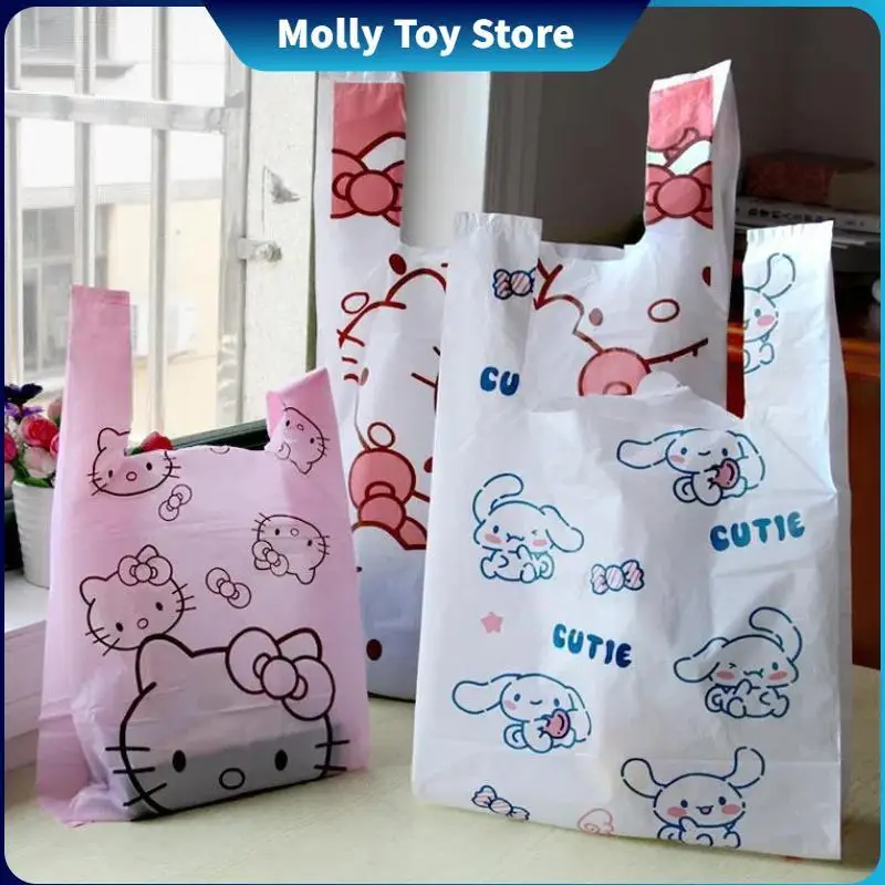 Sanrio-bolsa de plástico para la compra, 50 piezas, Hello Kitty, Cinnamoroll, Kuromi, portátil, de dibujos animados, bonita, para el hogar