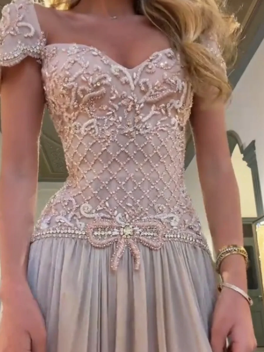 Aunber Luxury Nude Pink A-Line Cap Sleeves Beaded Evening Dress with  Crystals Bow for Formal Occasion Gowns Customized