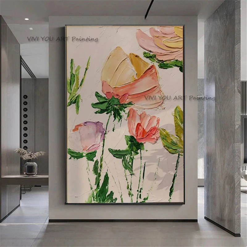 

Ручная роспись маслом: картина с объемной текстурой и изображением роз | Вертикальная картина на холсте с цветочным мотивом | Яркий современный декор для гостиной и спальни