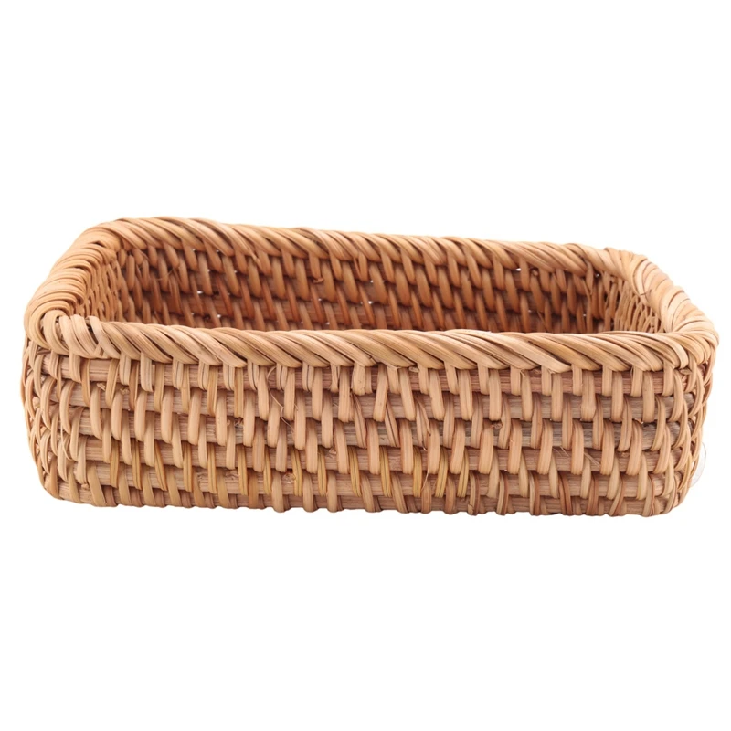 

Hand-Woven Rectangular Rattan Wicker Basket Fruit Tea Snack Bread Picnic Cosmetic Storage Box Kitchen Household Tools