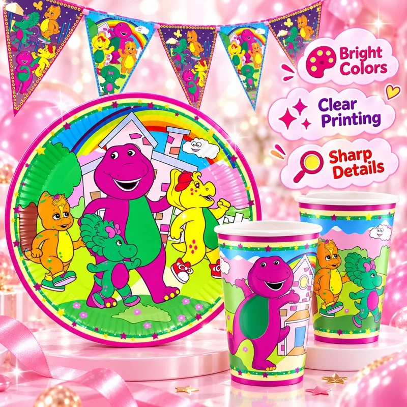 Barney Teller Tasse Dreieckige Flagge Happy Birthday Party Dekoration Einweg-Tischgeschirr-Set Charakter-Drucke Bestseller-Zubehör – Detail 5