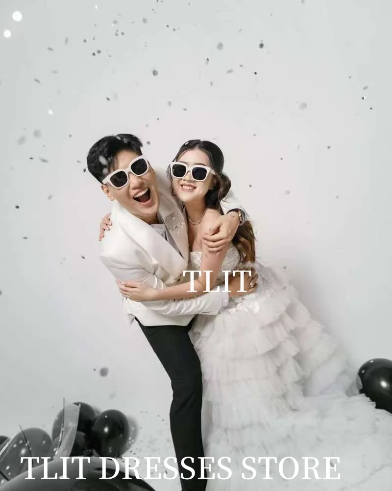 فستان زفاف TLIT أنيق أبيض متدرج من التول بدون حمالات فساتين حفلات كورية فستان الزفاف صور تبادل لاطلاق النار مخصص مشد الظهر