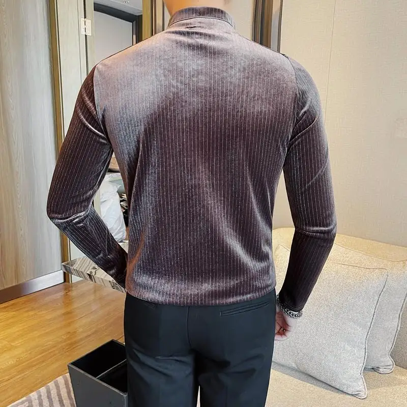 Autumn and winter corduroy slim-fit basic t-shirt versatile stretchy striped inner lining men's pullover top.M-4XL