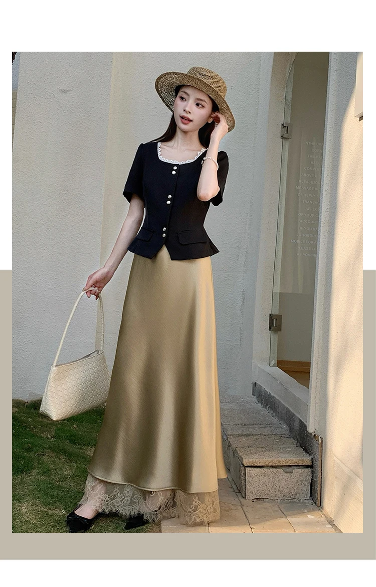 2026 Sommer Herbst Neuer Schlanker Hochwertiger Modischer Halbrock Eleganter Spitzenbesatz Satin Seitenschlitz Damen Midi-Rock – Detail 19