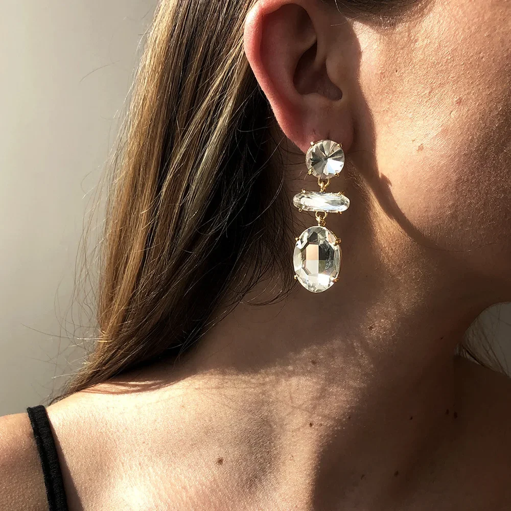 Metal Geometric Round Oval Mosaic Crystal Drop Earrings