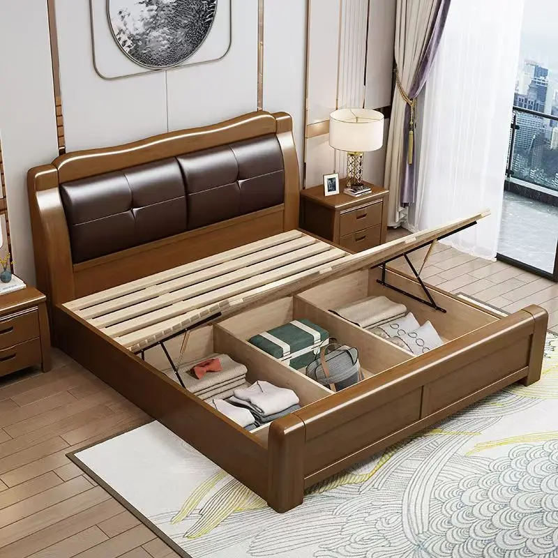 # Yu New Designer Cheap Chinese Double Leather Backrest Modern Adult Bedroom Furniture King Solid Oak Bed Frame 180x200 Walnut C