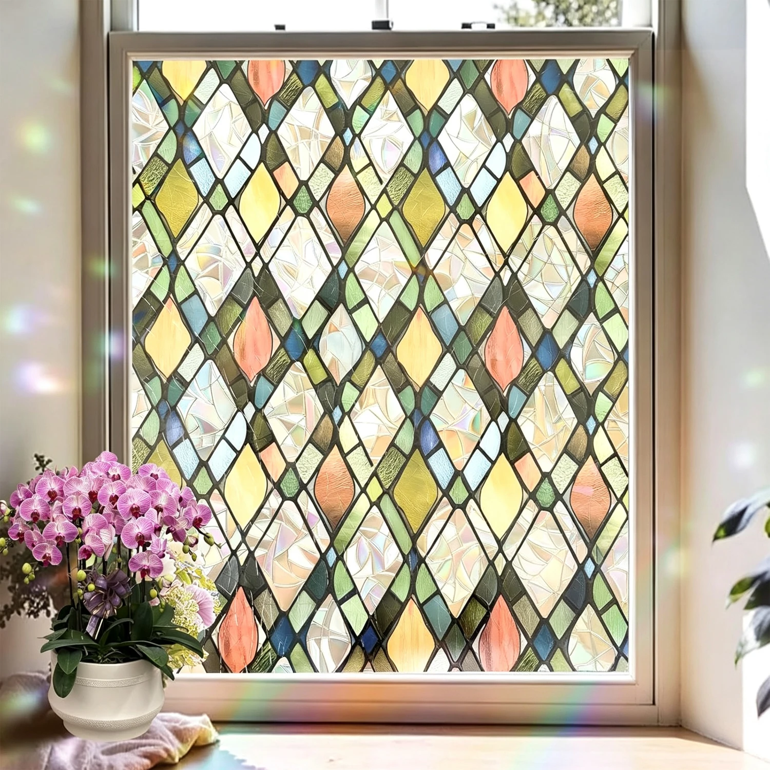 Diamond Lattice Stained Glass Privacy Window Film, Static Cling UV Blocking Heat Control Removable Decor Tint for Living Home