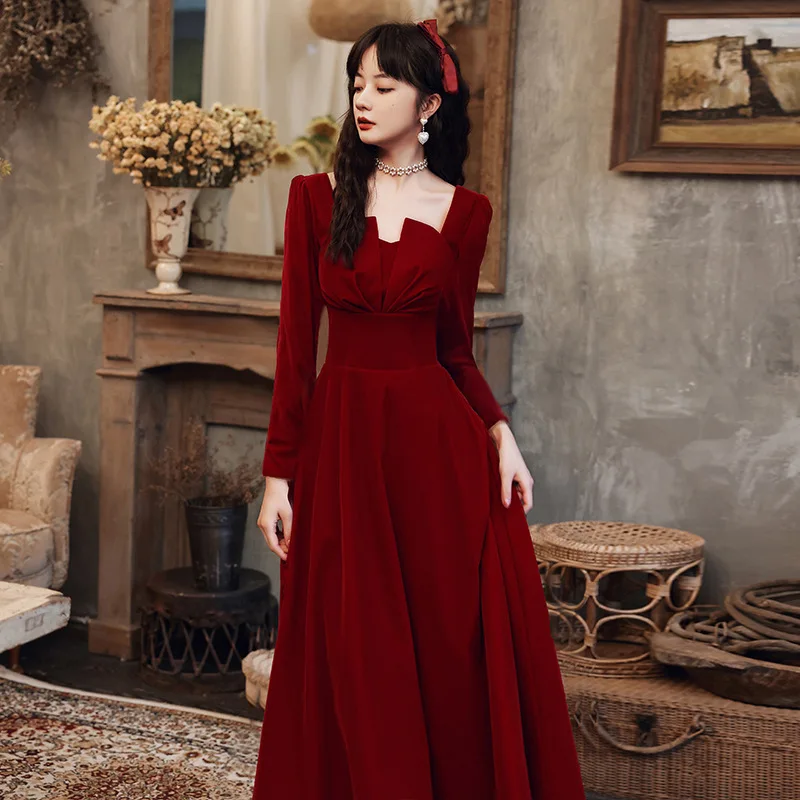 HPSN-6801#Bridesmaid Dress Long Short Burgundy Wedding Toast Bride Marriage Direct Deal Cheap Wholesale On Shoulder Slit Dress