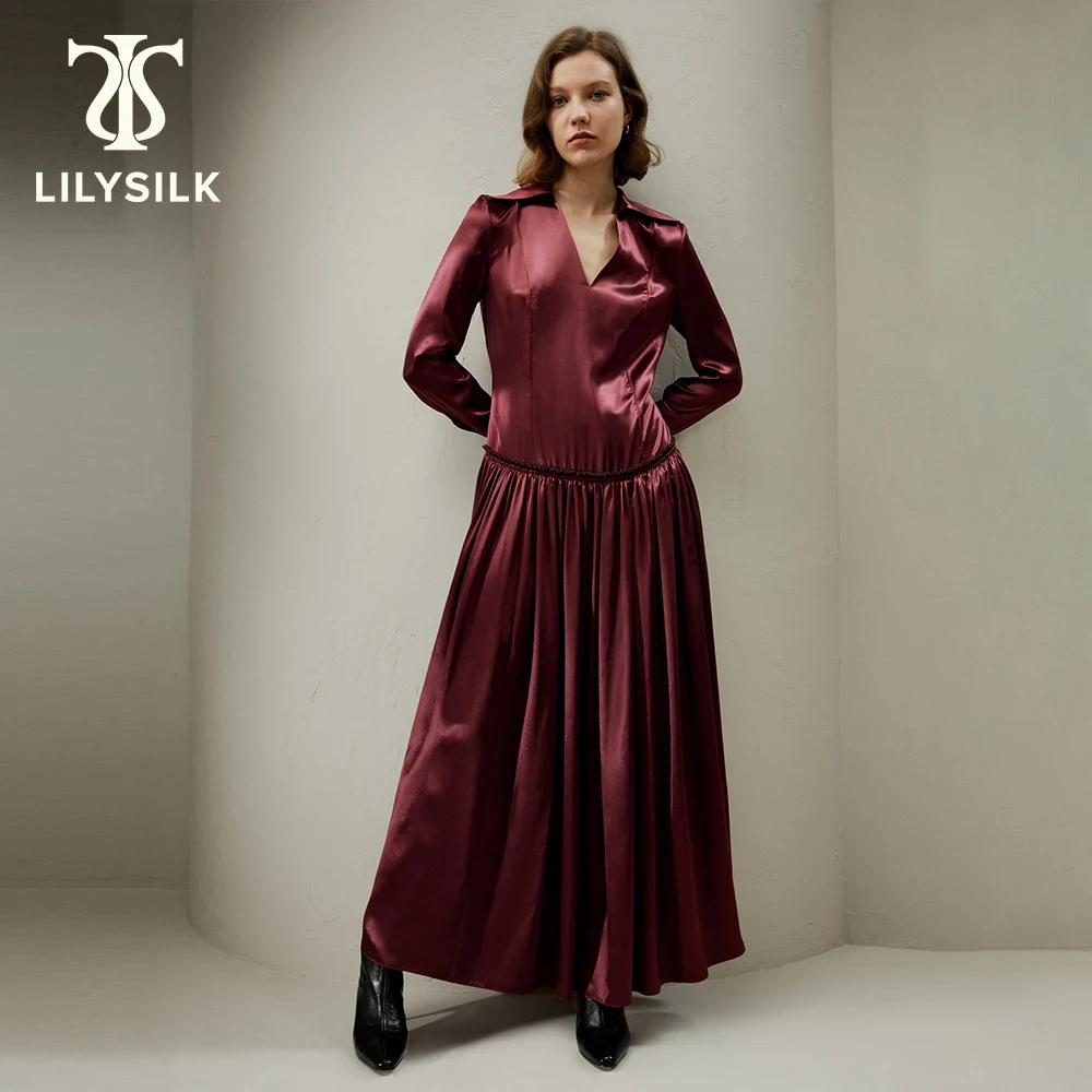 LILYSILK Pleated Silk Maxi Shirt Dress for Women 2023 Fall New 22 Momme Luxury Party Clothing with Pocket Free Shipping