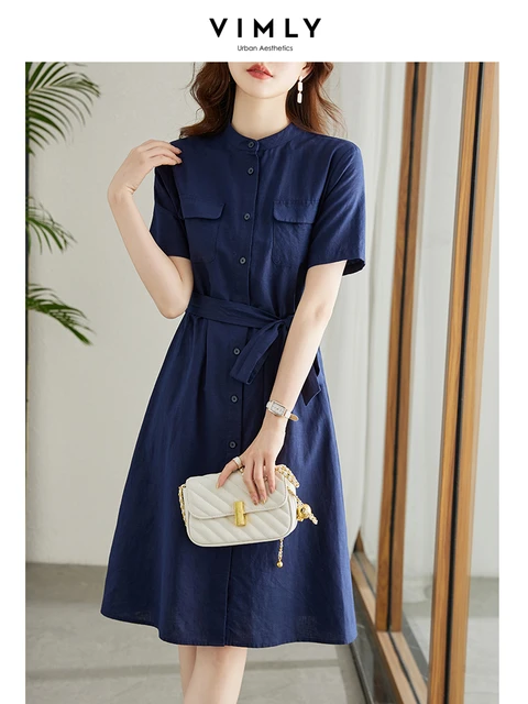 Vimly Navy Cotton Linen Shirt Dresses for Women 2023 Summer Elegant Office  Ladies Stand Collar Short Sleeve Lace-up Casual Dress