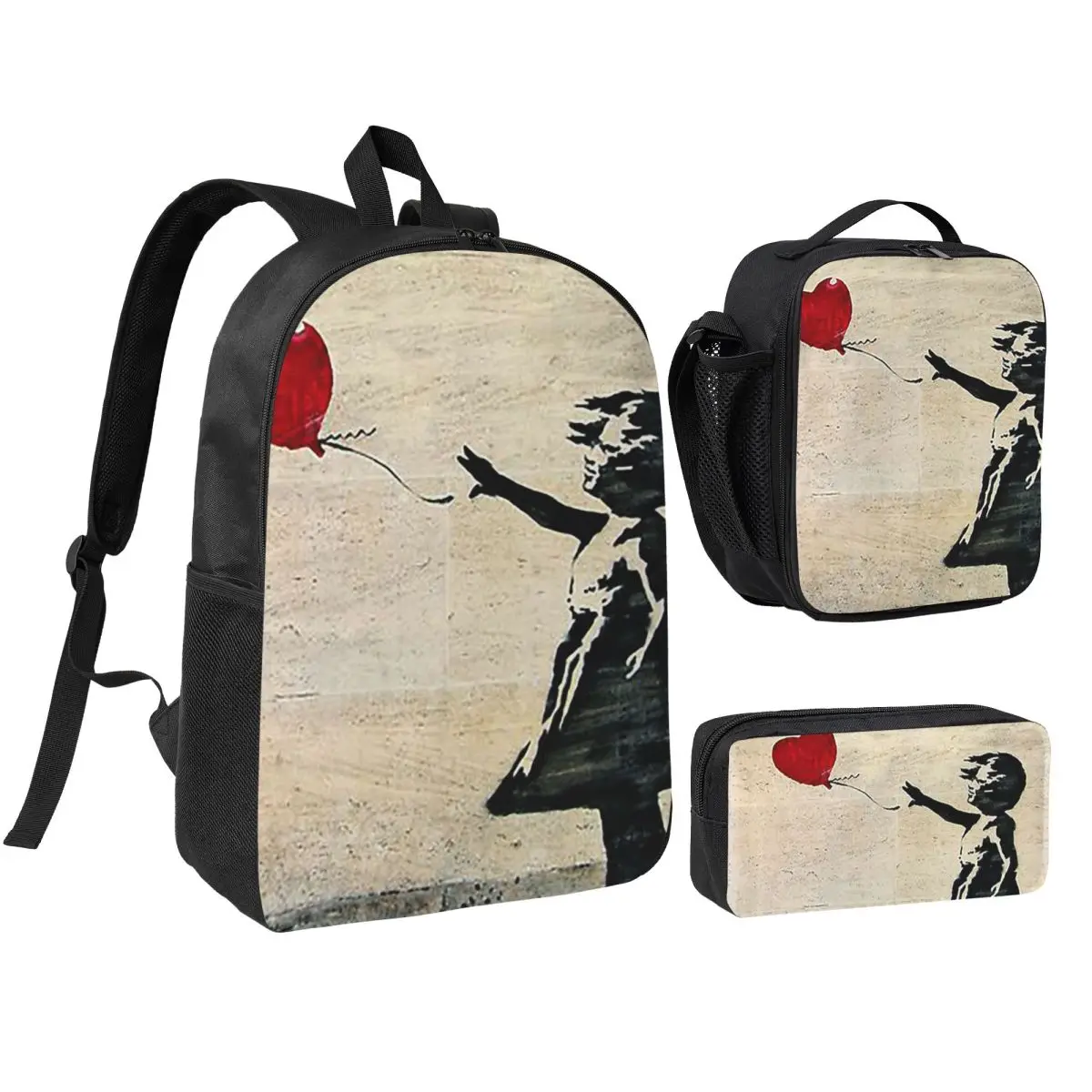 

Banksy's Girl With A Red Balloon Backpack Student BookBag School Bag Shoulder Bags 3ps Insulated Lunch Bag Pencil Case