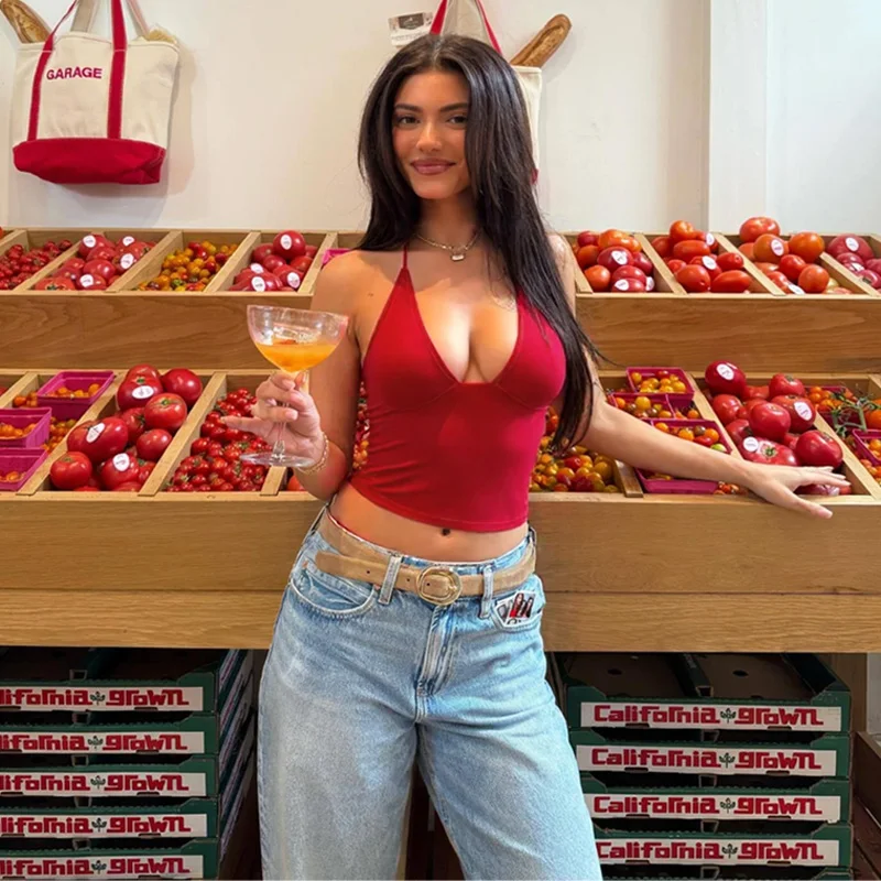 

Женские летние однотонные укороченные топы с лямкой на шее, женские простые красные, черные майки, майки для ночного клуба, сексуальные уличные футболки для свиданий, рубашка