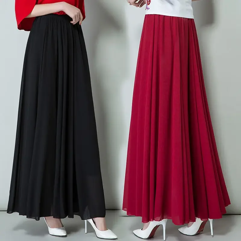 New Summer Chiffon Skirts Plus Size Full-Length Skirt High Waist Elegant Dance Skirt Pink Black Red Navy Blue White Long Skirts