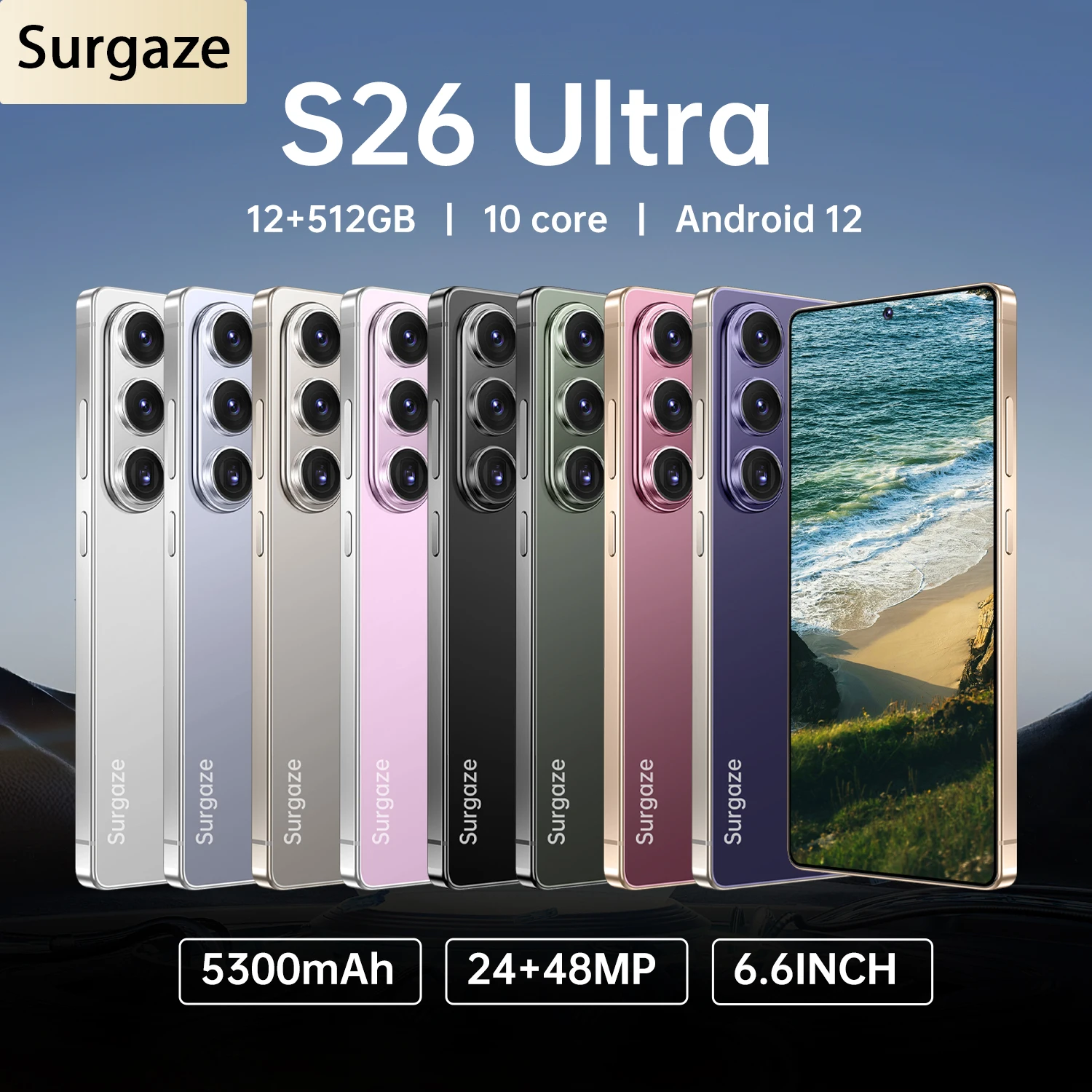 SURGAZE Global Version S26 Ultra Smartphone 5G Android 5300mAH 12GB RAM 512GB ROM 6.6Inch 24+48MP 5G Network Mobile Phone