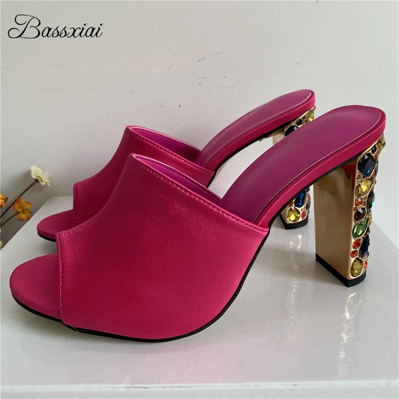

Colorful Rhinestone Diamond High Heel Sandals Women Luxury Satin Slingbacks Slip-On Summer Mules For Girls