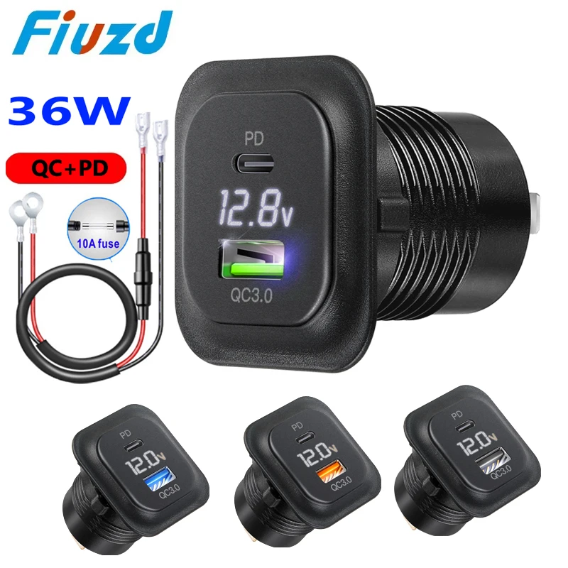 

Car USB Charger QC3.0 PD Type C Outlet Socket USB-C PD & Dual QC 3.0 For Car Motorcycle With Voltmeter and Power chaeger