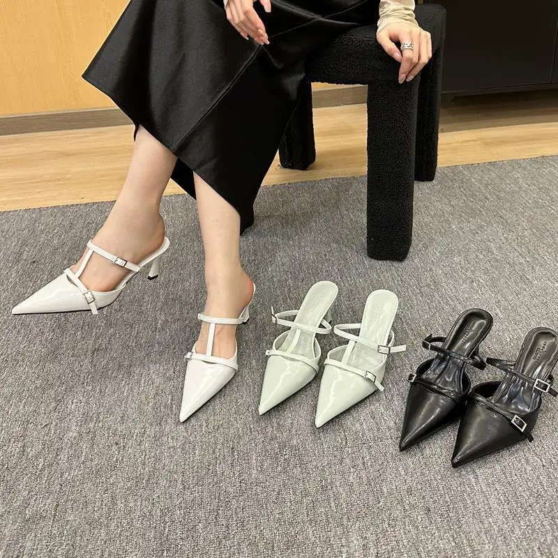 Slippers Women Summer Pointed Toe Female Shoes Low Shallow Slides Thin Heels Heeled Mules 2024 Silver Cover High Rome PU Pumps