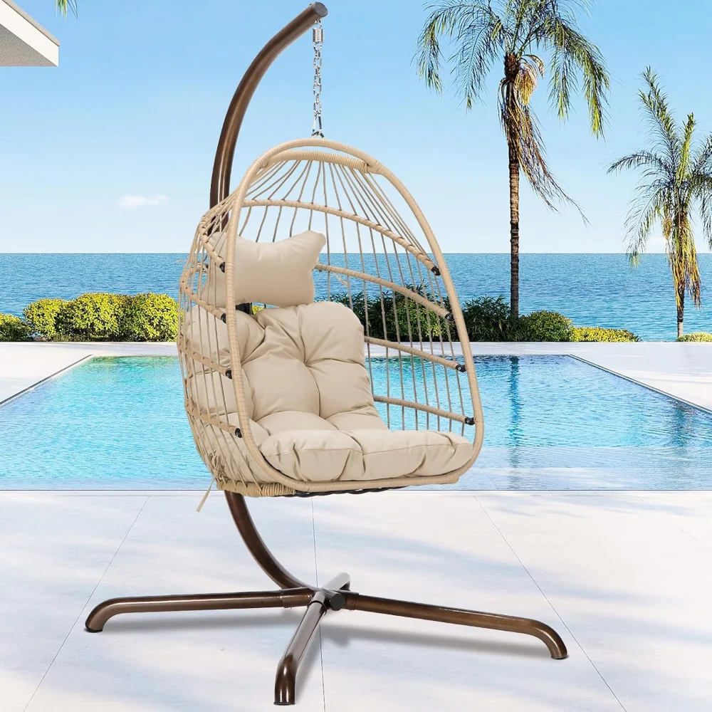 

Royal Craft Hanging Egg Chair with Stand, All-Weather Wicker Swing Chair with Dome Design and Cushion, 350Lbs Indoor