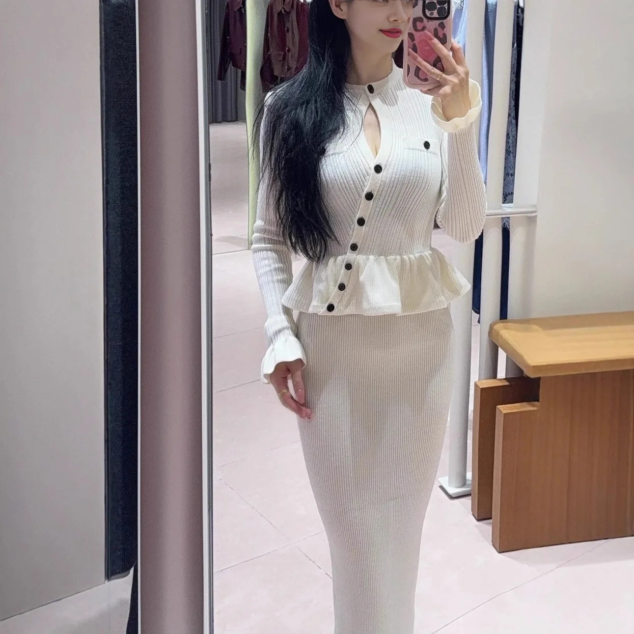 Ele Gebreide Lange Sve Dr Ivory High-End Versie Commute Ci Dames Faion Straight Cut A-lijn Dr Enkele Knop