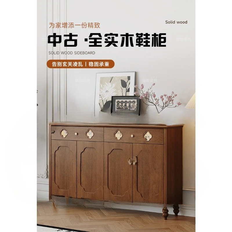 medieval solid wood shoe cabinet, integrated wall storage cabinet at the entrance of the home, large-capacity multi-layer 5