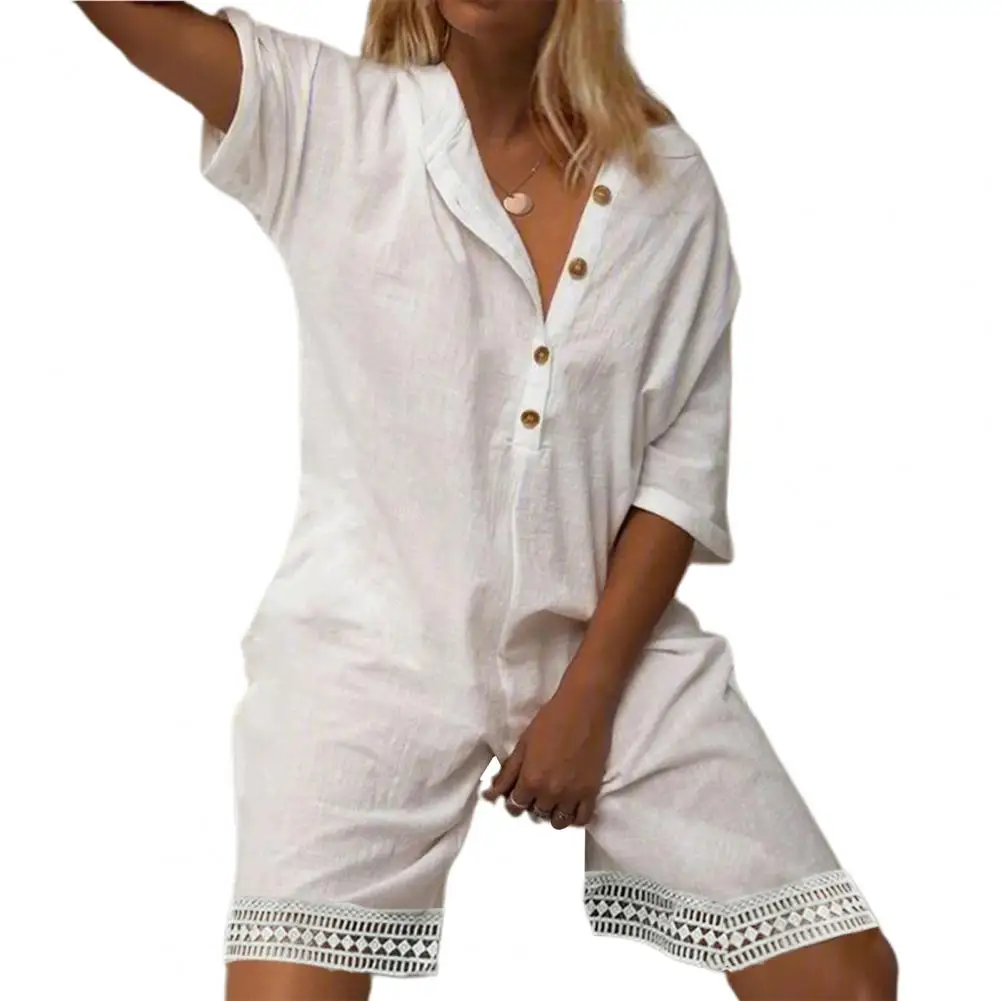 

Lady Daily Romper Stylish Summer Women's Romper with Hollow Out Design Loose Fit Three Quarter Sleeves for Casual Daily Wear