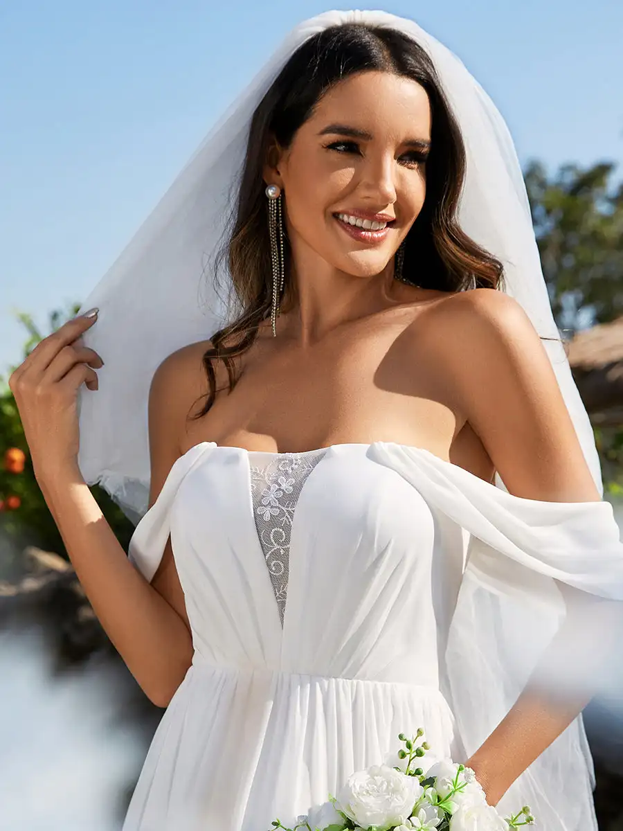 Elegante Trouwjurken Off Shoulder Veterrug Met Halve Mouwen 2024 Altijd Mooi Van Chiffon Witte Prom Vrouwen Formele Jurk