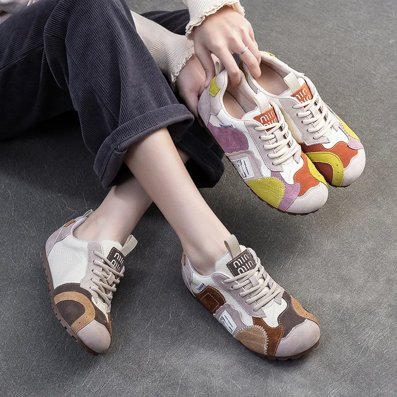 

2025 Spring New Niche Contrasting Color Patch Shoes Casual Comfortable Single Lightweight Retro Women's Sneakers Flats