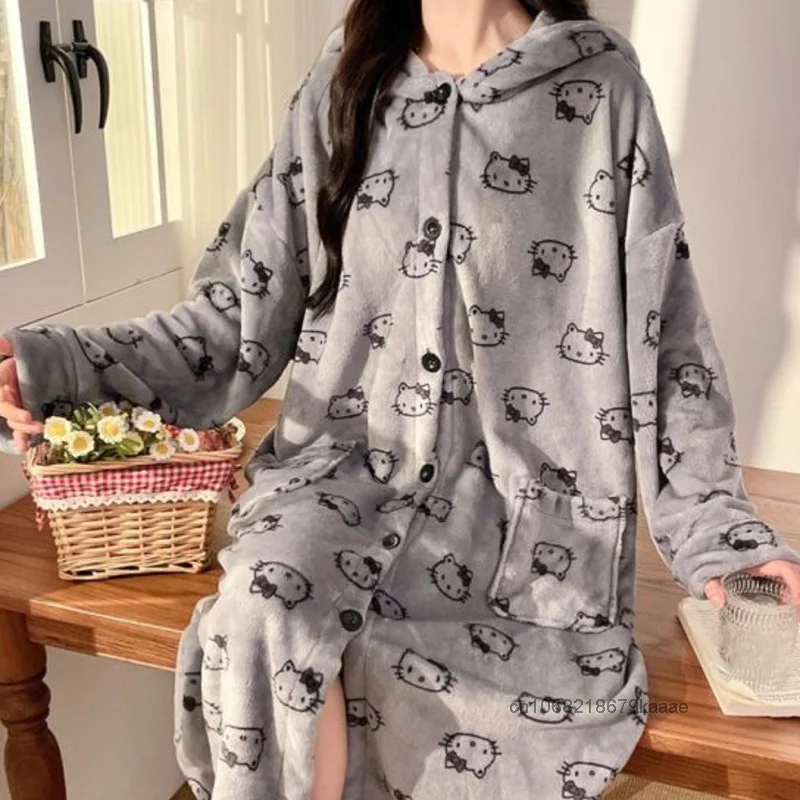 Hello Kitty Women Autumn Winter Hooded Nightgown Flannel Thick Warm Loose Cartoon Pajamas Japanese Style Cute Printed Nightrobe