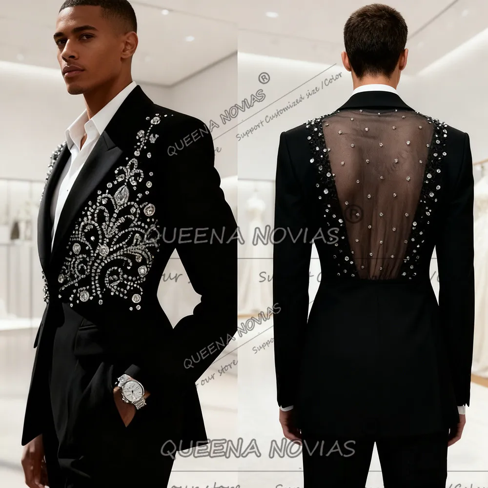Brilliant Beads Crystals Suits Men For Wedding 2 Pieces Sets Prom Blazer Outfits Cut-Out Back Customized Groom Tuxedos Unique