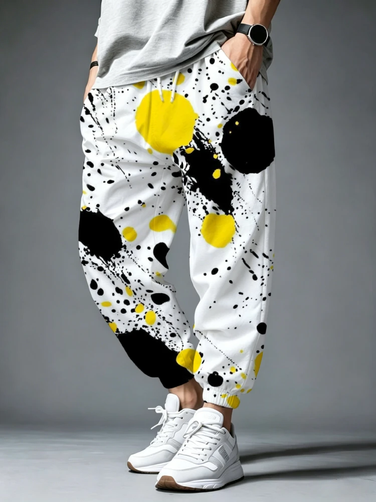 Summer Pants Men Abstract Splash Dots Print Loose Streetwear Hip Hop Casual Jogger Trousers Elastic Drawstring Cuffed Bottoms