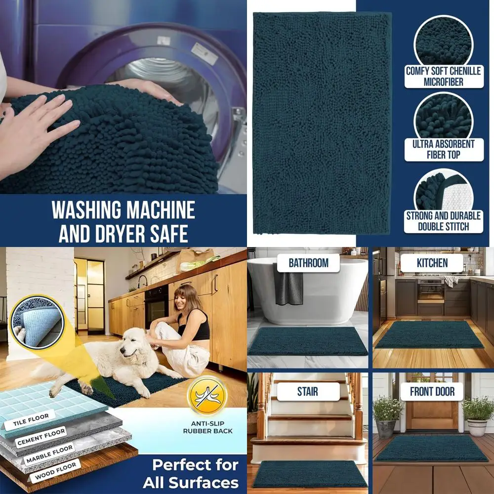 

Extra Thick, Quick-Dry Chenille Microfiber Bath Mat, Non-Slip, Soft & Absorbent, XL 59x35 Atlantic Blue for Bathroom & Kitchen