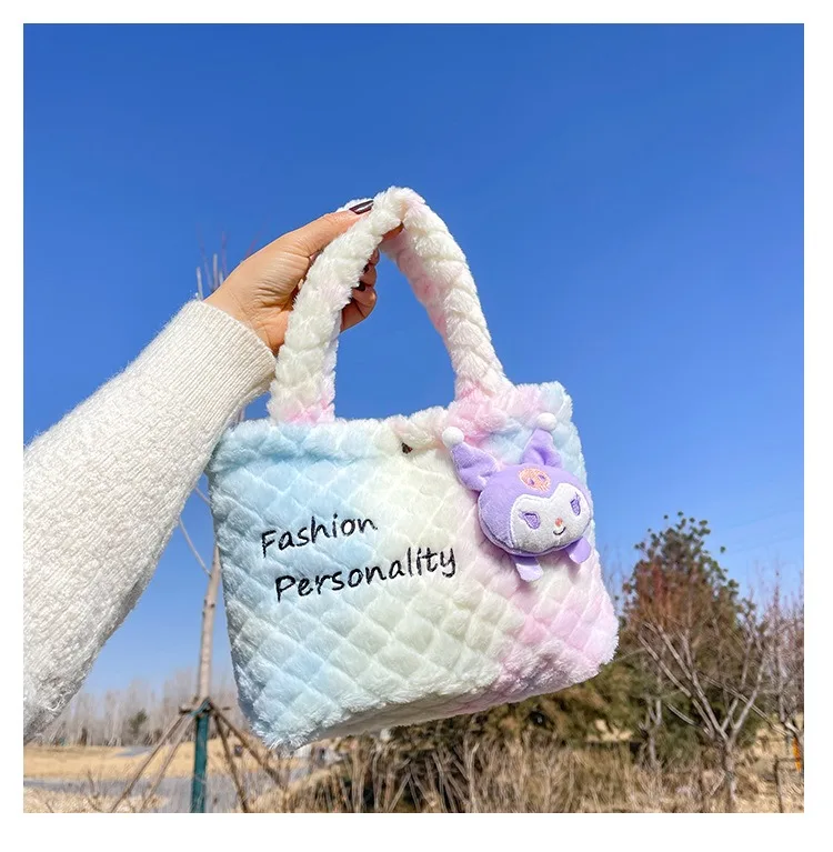 Nuevo Sanrio Kuromi bolso de mano de felpa de doble cara, bolso cruzado de Anime de dibujos animados, bolsas de almacenamiento de viaje para cosméticos, regalos para mujeres y niñas