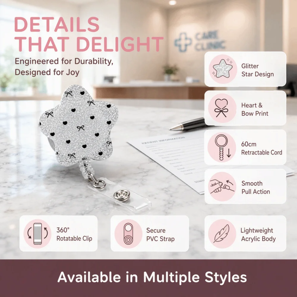 Cute Star Shape Retractable Badge Reel Heart Bow Print Glitter ID Badge Holder Clip Name Card Badge Reel Nurse Doctor Student