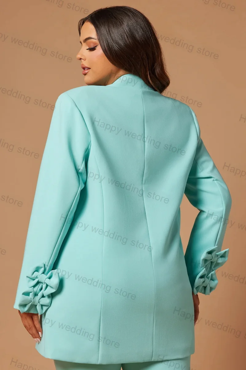 Set jas celana biru muda wanita 2 potong Blazer + celana panjang busur tuksedo pernikahan pesta Prom gaun disesuaikan mantel jaket kancing tunggal