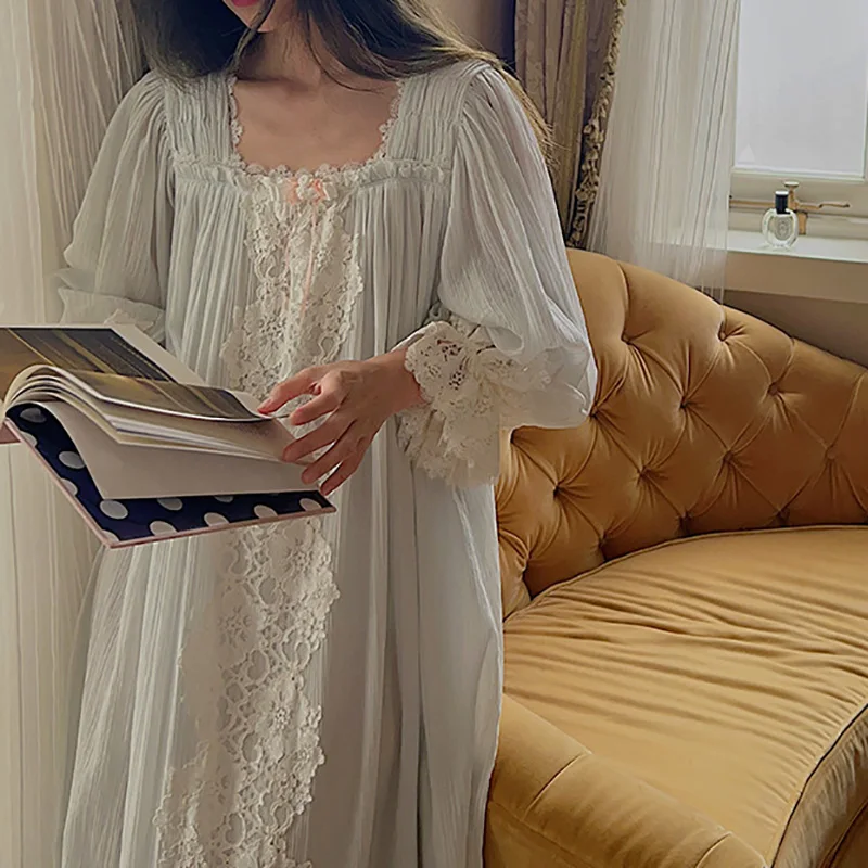 

French Fairy Nightgown Retro Long Dress Loose Long Sleeved Spring and Autumn Beautiful Vintage Princess Nightgown Sleepwear