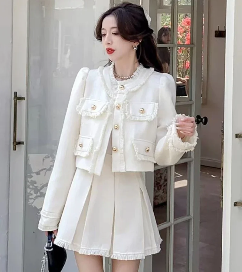 สีเหลือง Mori สาว Blazer ชุด Preppy สไตล์ของแข็งสีปุ่มสองปุ่ม Coat + Pleatd กระโปรงใหม่2Pcs ชุดผู้หญิงฤดูใบไม้ร่วง2ชิ้นชุด