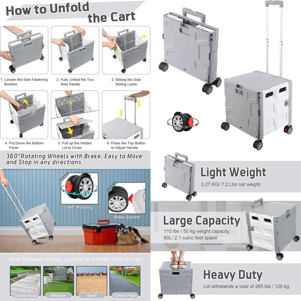 

Portable Folding Cart with Telescoping Handle, Collapsible Lid, and 4-Wheel Mobility for Home, Office, and School (Gray & White)