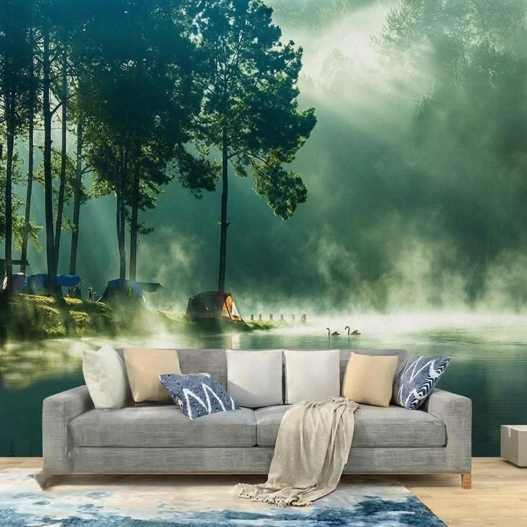 Misty forest, serene lake, background wall for living room sofa and bedroom headboard, self-adhesive material.