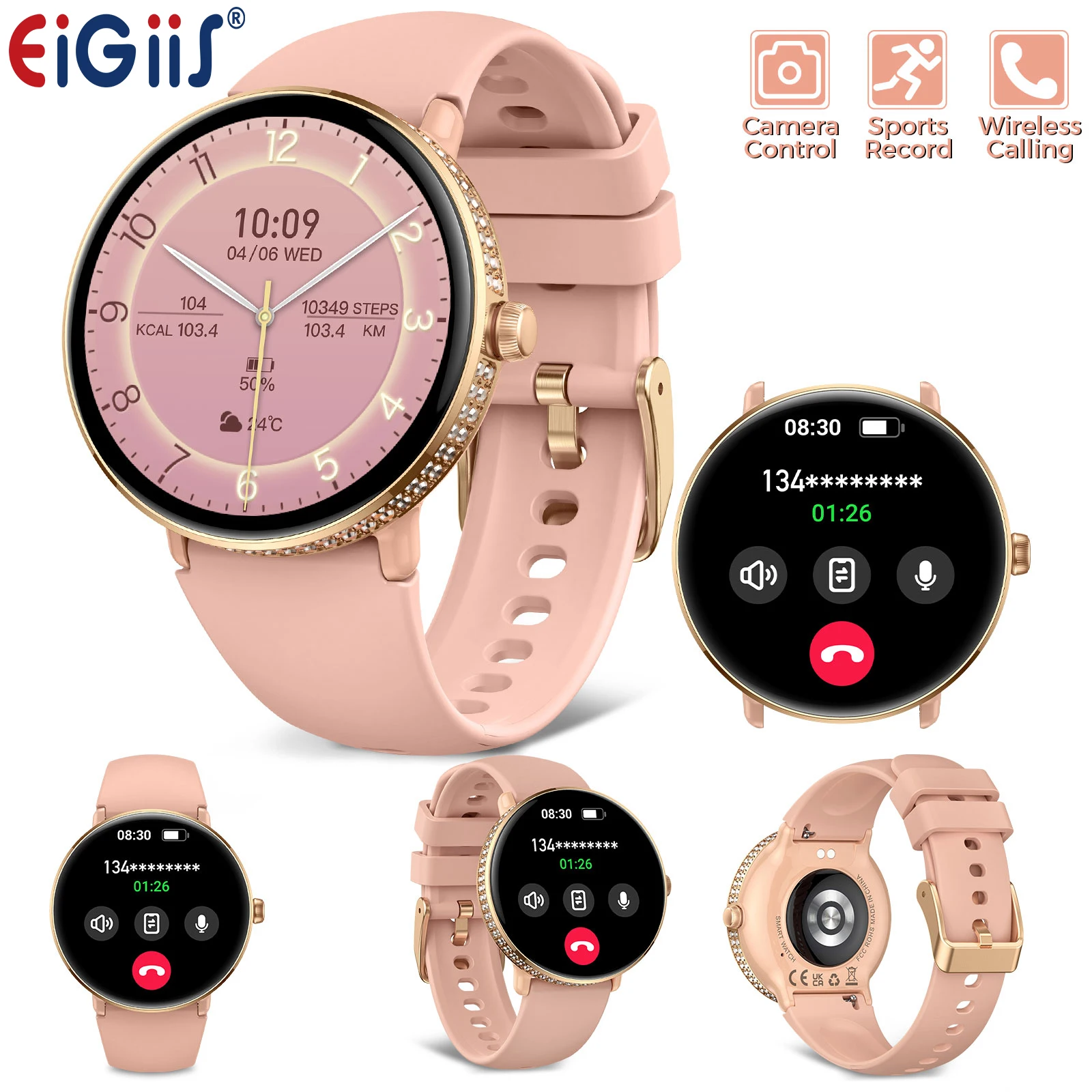 

Смарт-часы EIGIIS для женщин с AMOLED-экраном 1,19 дюйма, женские фитнес-часы с 100 спортивными режимами, монитор сна/сердечного ритма