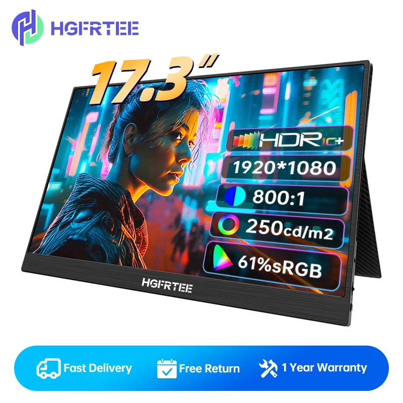 HGFRTEE 17.3inch Display FHD 1080P IPS HDR Type C FreeSync Portable Monitor for Xbox Switch Laptop Notebook PC Phone