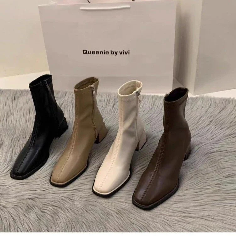 2024 Spring New Knight Boots Short Tube Spring and Autumn Semi-high Heeled Knight Boots Pu Rubber