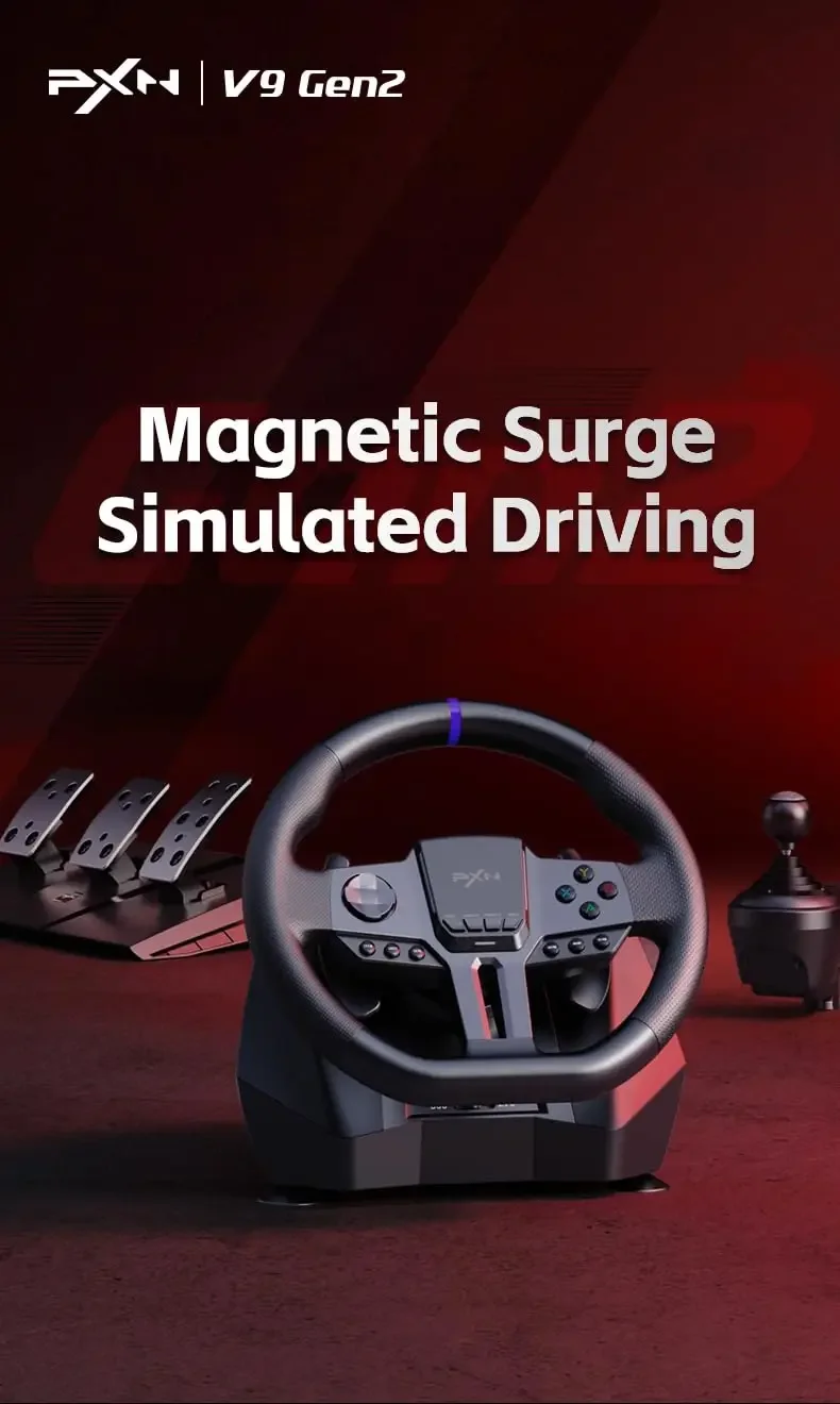 V9 Gen2 Gaming Racing Wheel With magnetic Pedals and Shifter 270/900° Dual-Vibration Driver free, sim car Driving pc Steering