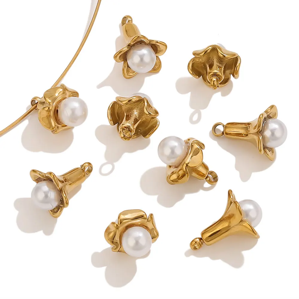 

2PCS Pearl Flower Stainless Steel Charms Gold-Plated Pendant Accessories DIY Jewelry Findings For Women Earring Necklace Making