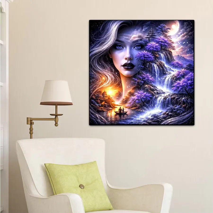 New Arrival DIY Diamond Embroidery Purple waterfall Woman Portrait Rhinestones Diamond Painting Couple on Boat Mosaic Handicraf