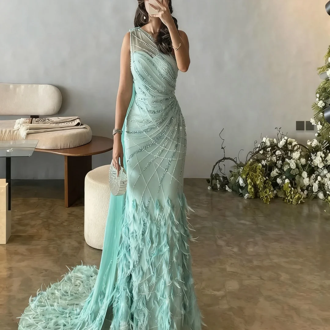 

Индивидуальные перья бирюзовые на одно плечо Русалка вечерние платья день рождения выпускные платья для женщин