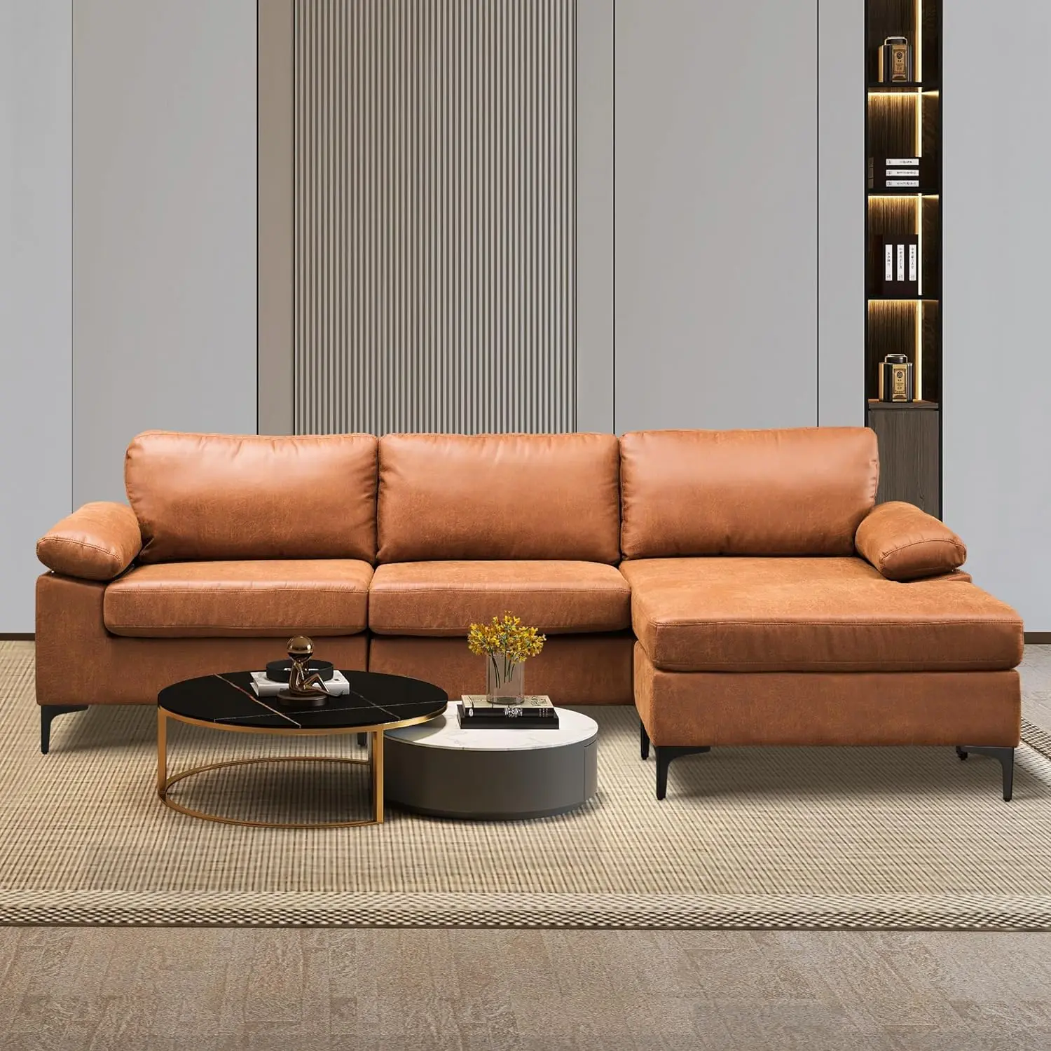 

Convertible Sectional Sofa, 97.6" L Shaped Couch w/ Reversible Chaise, Mid-Century Sofa 3-Seat Sofa w/ Chaise for Living Room