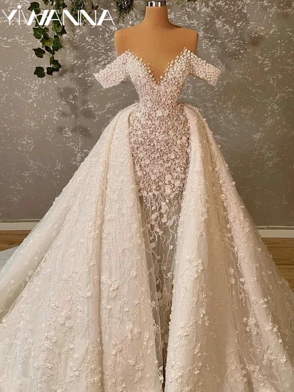 

Gorgeous Elegant Pearls Lace Appliques Wedding Dress Detachable Train Off Shoulder Bridal Gown Customized Dresses For Bride