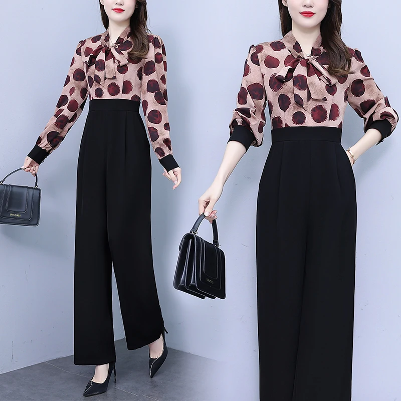 

2025 New Spring Autumn Women's High Waist Flare Jumpsuit Slim Fake Two-Piece Long Sleeve Wide Leg Romper Casual Elegant Workwear