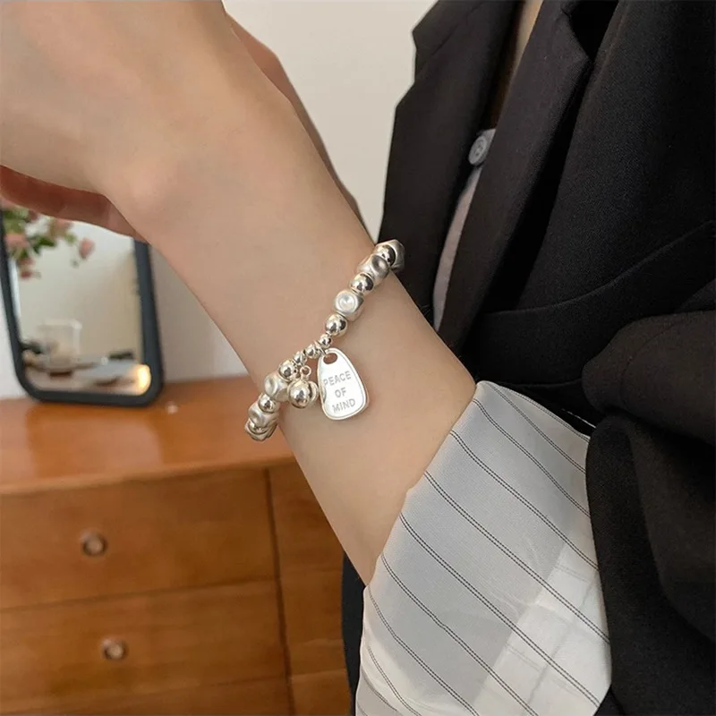 New Arrival 925 Sterling Silver Matte Finish Geometry Bracelet For Women Letter Bead Frosting Peace Jewelry Gifts Dropshipping