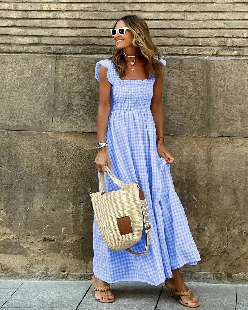 Elegant Temperament Plaid Patchwork Slip Boho Dress Summer Ruffle Backless Pleated Elastic Waist Swing Loose Party Dresses